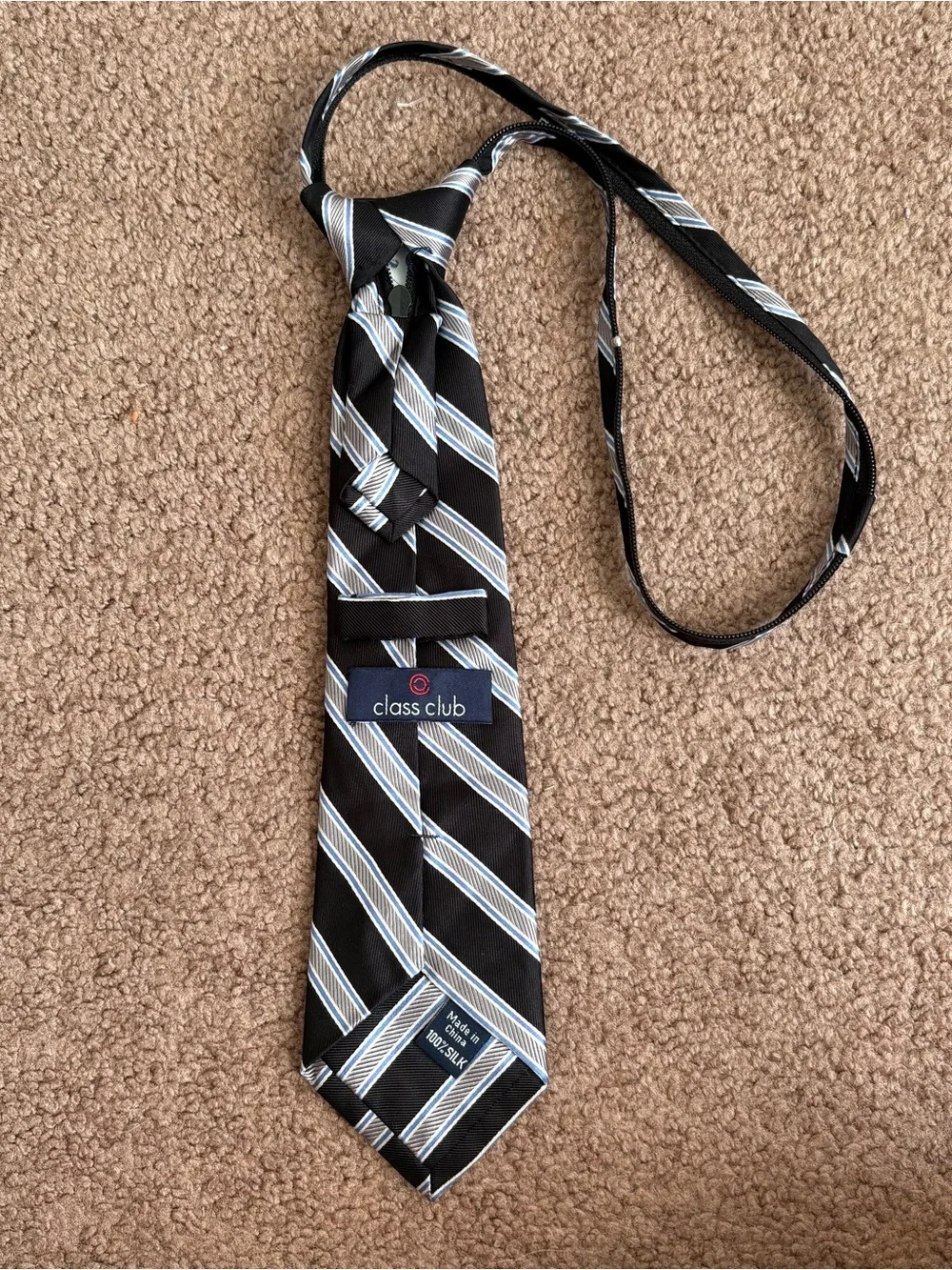 Class Club Boys Adjustable Zip Silk Woven Striped Tie Black Gray Blue